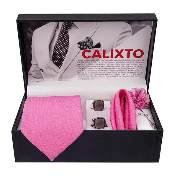 Baby_Pink_Microfiber_Criss_Cross_Pattern_Silky_Necktie_With_Pocket_Square,_Cufflinks_&_Brooch_Pin_Leather_Gift_Box_(Set_of_4)