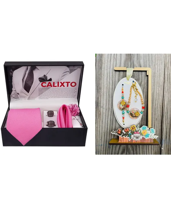 Mens_Microfiber_Necktie_Gift_Set_with_Designer_Naksh_Rakhi_Criss_Cross_Black_Tie,_Pocket_Square,_Cufflinks,_Brooch_&_Leather_Box