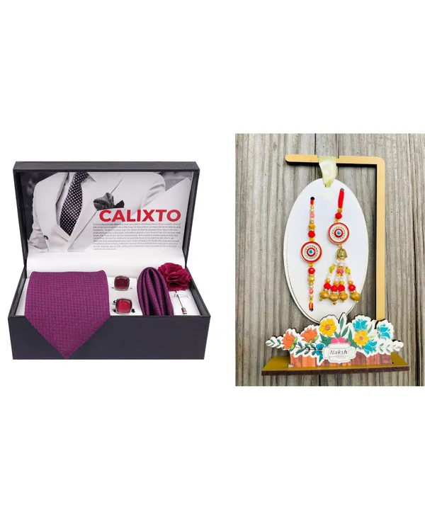 Mens_Microfiber_Necktie_Gift_Set_with_Designer_Naksh_Rakhi_Criss_Cross_Black_Tie,_Pocket_Square,_Cufflinks,_Brooch_&_Leather_Box
