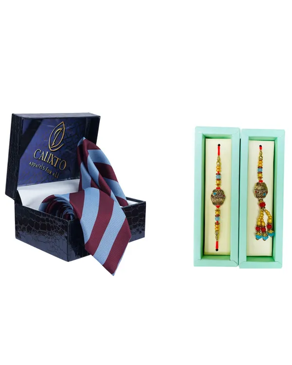 Calixto_Men's_Microfibre_Strips_Designer_Necktie_With_Pocket_Square_(Leatharite_Gift_Box)_with_Designer_Naksh_Rakhi