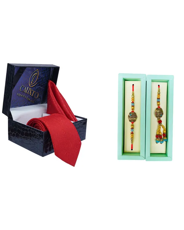 Calixto_Men's_Microfibre_Strips_Designer_Necktie_With_Pocket_Square_(Leatharite_Gift_Box)_with_Designer_Naksh_Rakhi