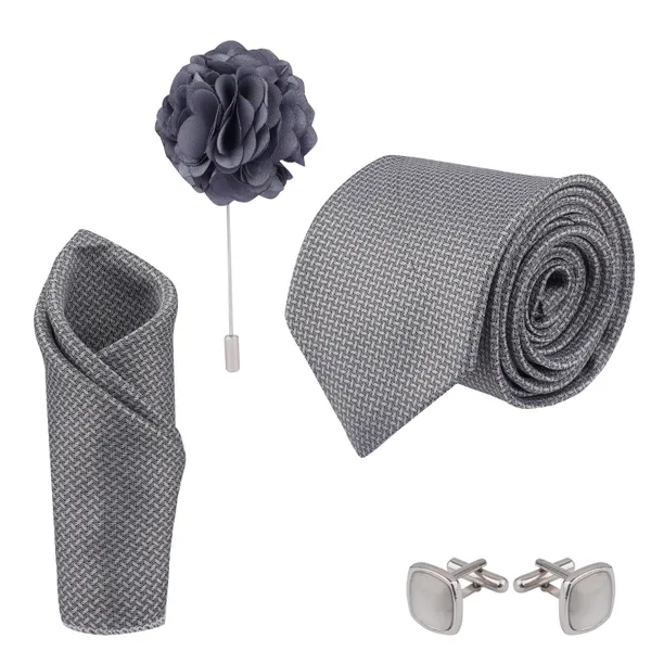 Light_Grey_Microfiber_Criss_Cross_Pattern_Necktie_With_Pocket_Square,_Cufflinks_&_Brooch_Pin_Leather_Gift_Box_(Set_of_4)