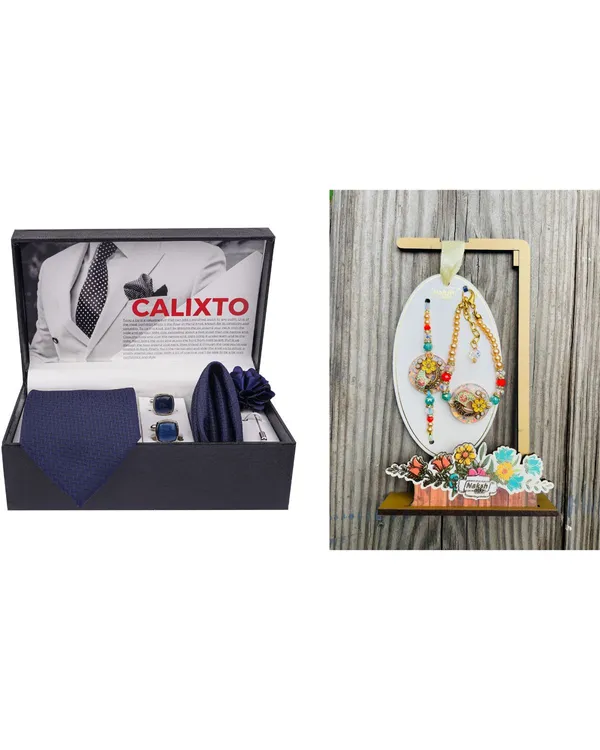 Mens_Microfiber_Necktie_Gift_Set_with_Designer_Naksh_Rakhi_Criss_Cross_Black_Tie,_Pocket_Square,_Cufflinks,_Brooch_&_Leather_Box