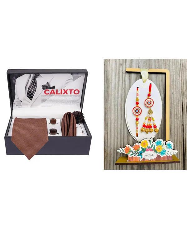 Mens_Microfiber_Necktie_Gift_Set_with_Designer_Naksh_Rakhi_Criss_Cross_Black_Tie,_Pocket_Square,_Cufflinks,_Brooch_&_Leather_Box