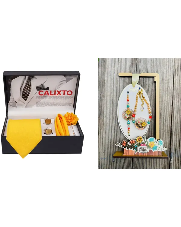 Mens_Microfiber_Necktie_Gift_Set_with_Designer_Naksh_Rakhi_Criss_Cross_Black_Tie,_Pocket_Square,_Cufflinks,_Brooch_&_Leather_Box