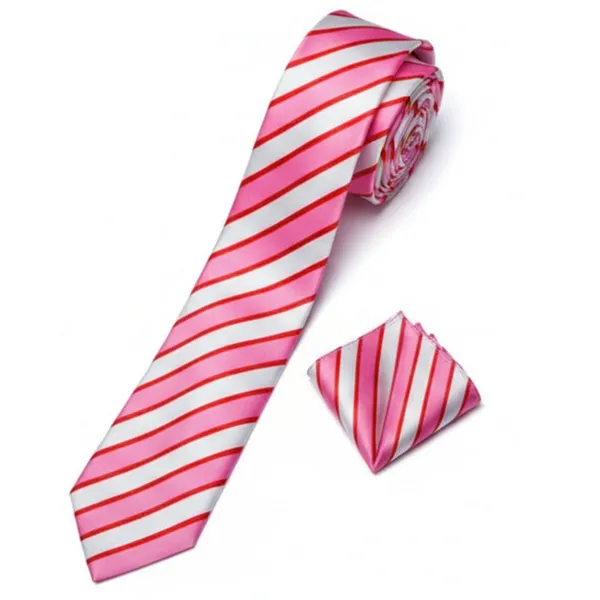 Pink_And_White_Roomy_Stripes_Design,_Poly_Cotton_Smooth_Fabric,Neck_Tie_With_Pocket_Square