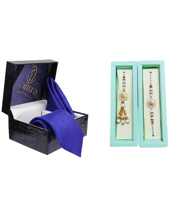 Calixto_Men's_Microfibre_Strips_Designer_Necktie_With_Pocket_Square_(Leatharite_Gift_Box)_with_Designer_Naksh_Rakhi