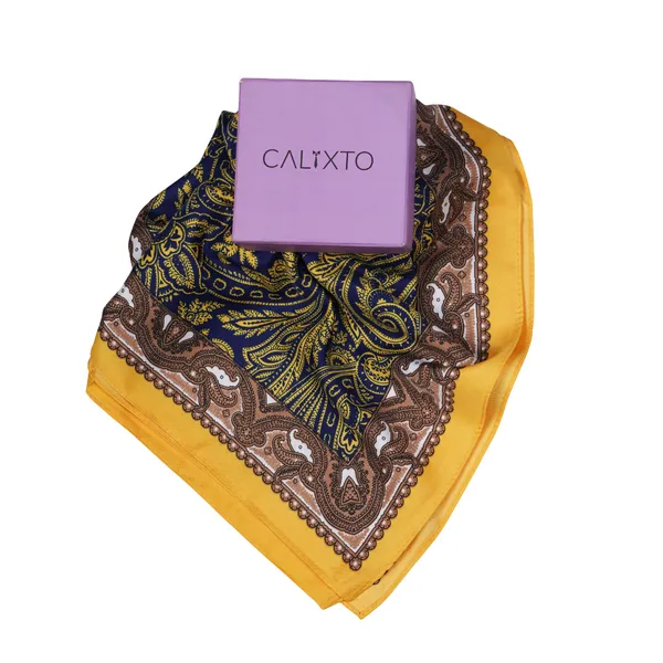 Calixto_Luxury_Silk_Paisley_Square_Scarf_for_Women_–_Elegant_Satin_Headscarf,_Neck_Wrap,_Handkerchief_–_Yellow,_Blue_&_Brown_Vintage_Design