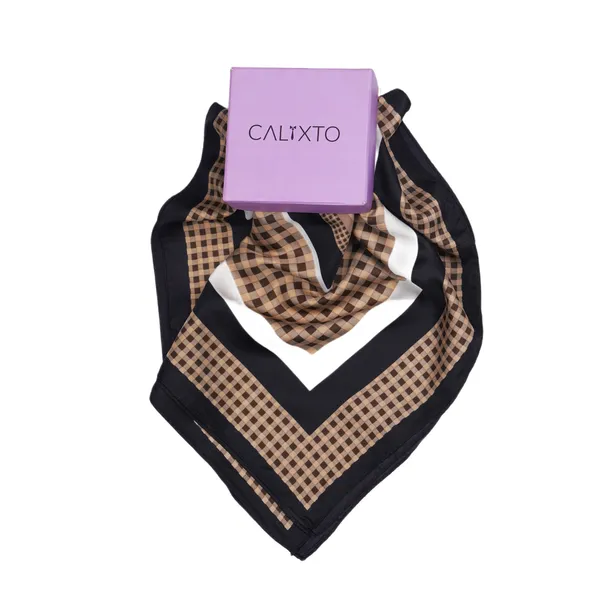 Calixto_Luxury_Silk_Feel_Scarf_for_Women_–_Classic_Plaid_Square_Neck_Scarf,_Head_Wrap,_and_Shawl_(Brown_&_Black)
