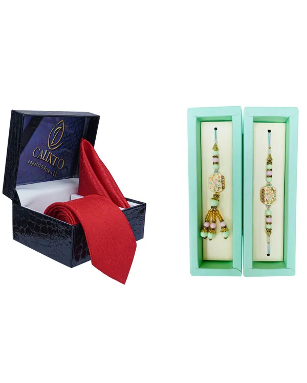 Calixto_Men's_Microfibre_Strips_Designer_Necktie_With_Pocket_Square_(Leatharite_Gift_Box)_with_Designer_Naksh_Rakhi