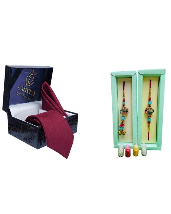 Calixto_Men's_Microfibre_Strips_Designer_Necktie_With_Pocket_Square_(Leatharite_Gift_Box)_with_Designer_Naksh_Rakhi