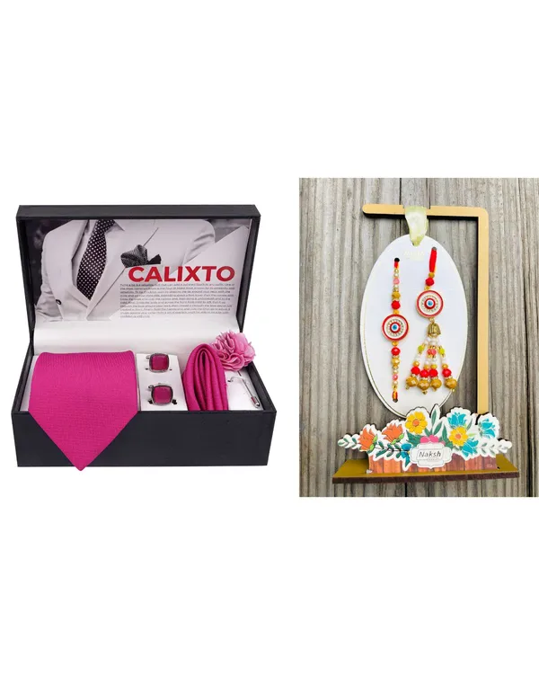 Mens_Microfiber_Necktie_Gift_Set_with_Designer_Naksh_Rakhi_Criss_Cross_Black_Tie,_Pocket_Square,_Cufflinks,_Brooch_&_Leather_Box