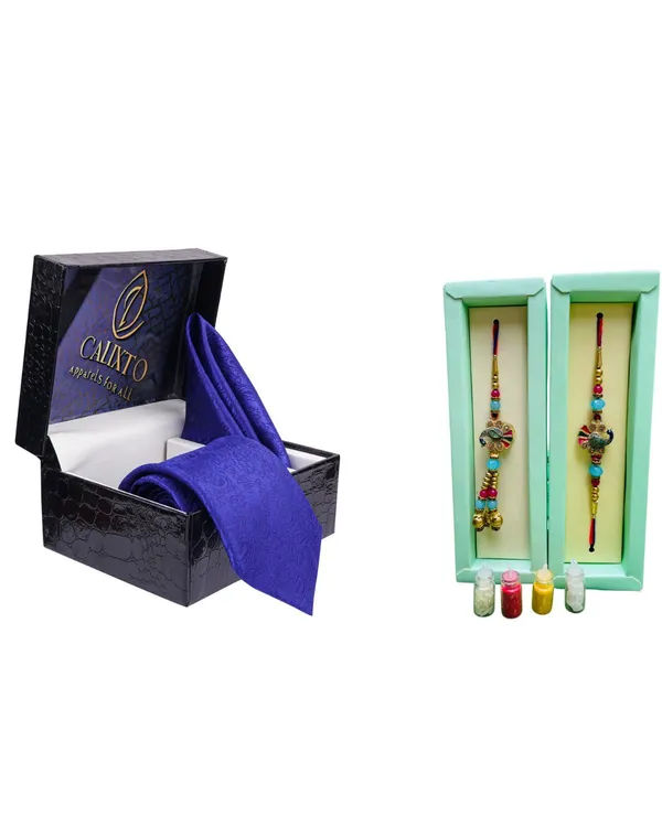 Calixto_Men's_Microfibre_Strips_Designer_Necktie_With_Pocket_Square_(Leatharite_Gift_Box)_with_Designer_Naksh_Rakhi