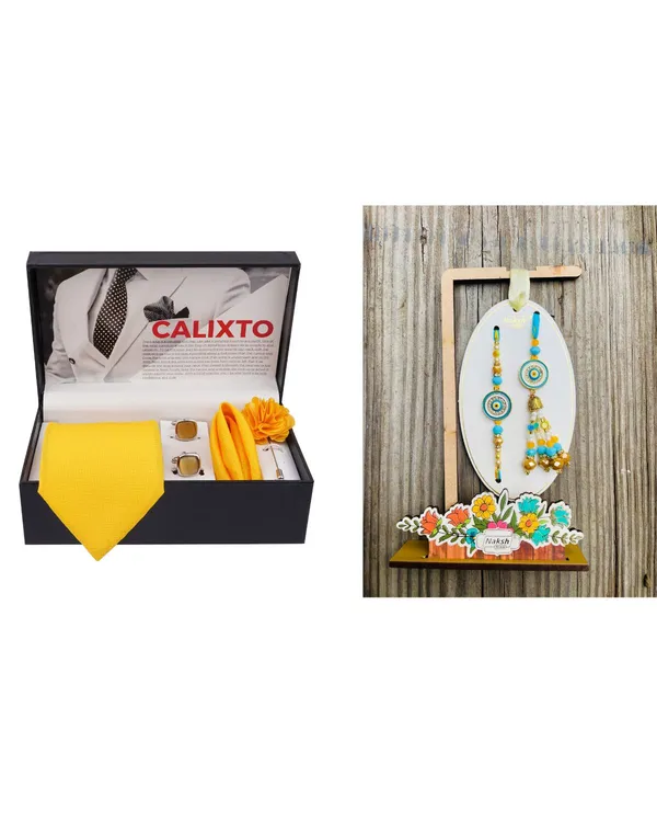 Mens_Microfiber_Necktie_Gift_Set_with_Designer_Naksh_Rakhi_Criss_Cross_Black_Tie,_Pocket_Square,_Cufflinks,_Brooch_&_Leather_Box
