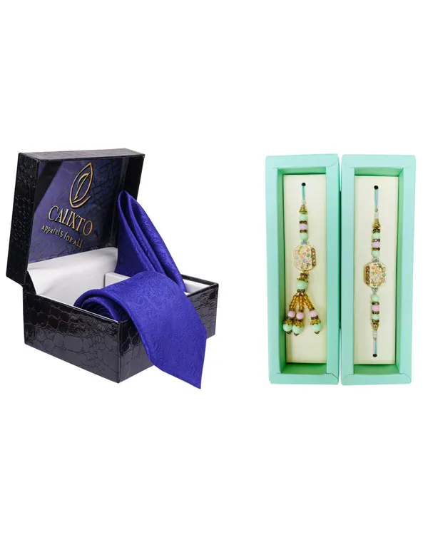 Calixto_Men's_Microfibre_Strips_Designer_Necktie_With_Pocket_Square_(Leatharite_Gift_Box)_with_Designer_Naksh_Rakhi
