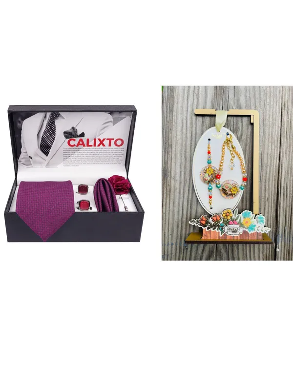 Mens_Microfiber_Necktie_Gift_Set_with_Designer_Naksh_Rakhi_Criss_Cross_Black_Tie,_Pocket_Square,_Cufflinks,_Brooch_&_Leather_Box
