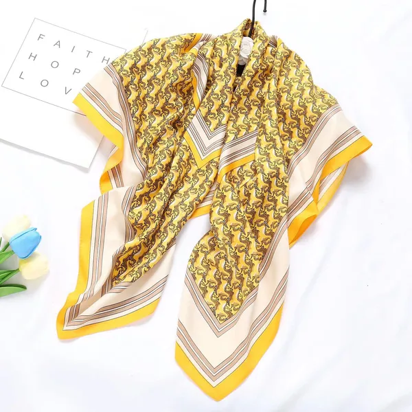 Calixto_Luxury_Yellow_Silk_Scarf_for_Women_–_Elegant_Horse_Pattern_&_Geometric_Border_–_Soft_Square_Neck_Scarf,_Headscarf,_Bandana,_Shawl_Wrap_–_Perfect_Fashion_Accessory_for_All_Seasons