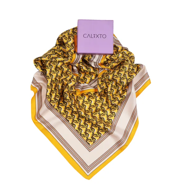 Calixto_Luxury_Yellow_Silk_Scarf_for_Women_–_Elegant_Horse_Pattern_&_Geometric_Border_–_Soft_Square_Neck_Scarf,_Headscarf,_Bandana,_Shawl_Wrap_–_Perfect_Fashion_Accessory_for_All_Seasons