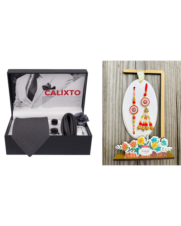 Mens_Microfiber_Necktie_Gift_Set_with_Designer_Naksh_Rakhi_Criss_Cross_Black_Tie,_Pocket_Square,_Cufflinks,_Brooch_&_Leather_Box