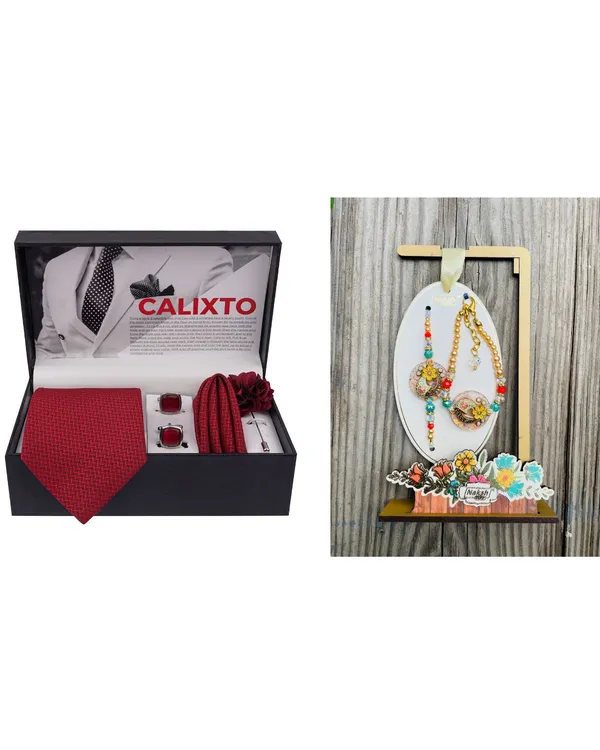 Mens_Microfiber_Necktie_Gift_Set_with_Designer_Naksh_Rakhi_Criss_Cross_Black_Tie,_Pocket_Square,_Cufflinks,_Brooch_&_Leather_Box