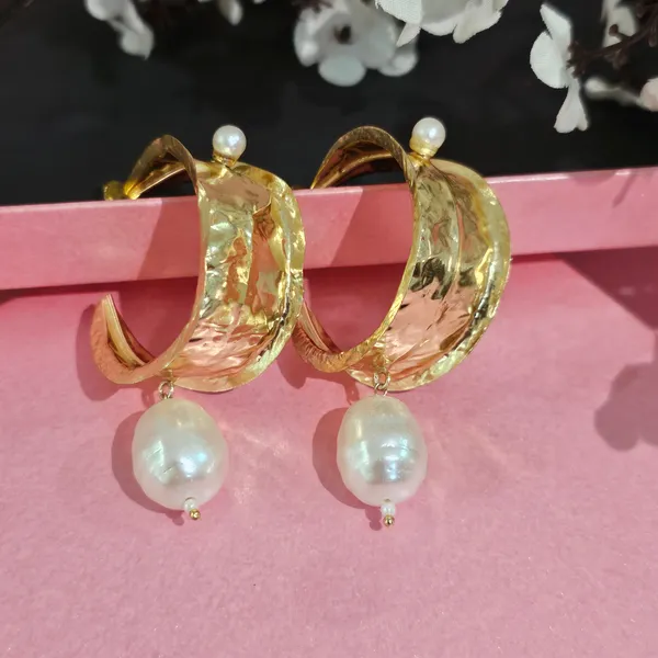 Golden_Handmade_Brass_Hammered_Pearl_Drop_Earrings_For_Women