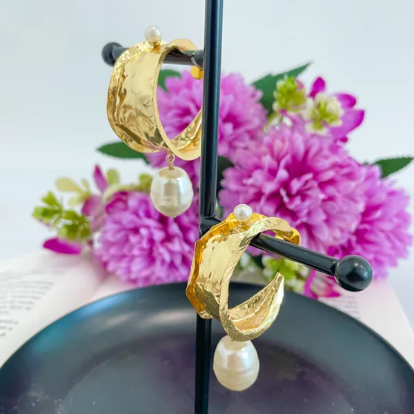 Golden_Handmade_Brass_Hammered_Pearl_Drop_Earrings_For_Women