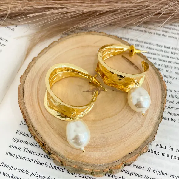 Golden_Handmade_Brass_Hammered_Pearl_Drop_Earrings_For_Women