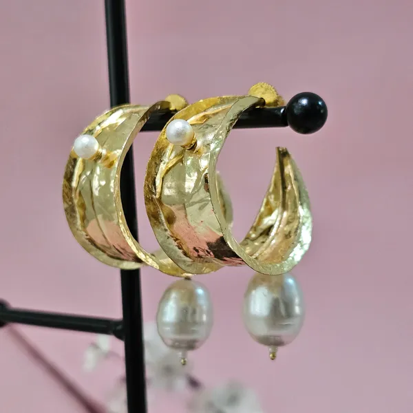 Golden_Handmade_Brass_Hammered_Pearl_Drop_Earrings_For_Women