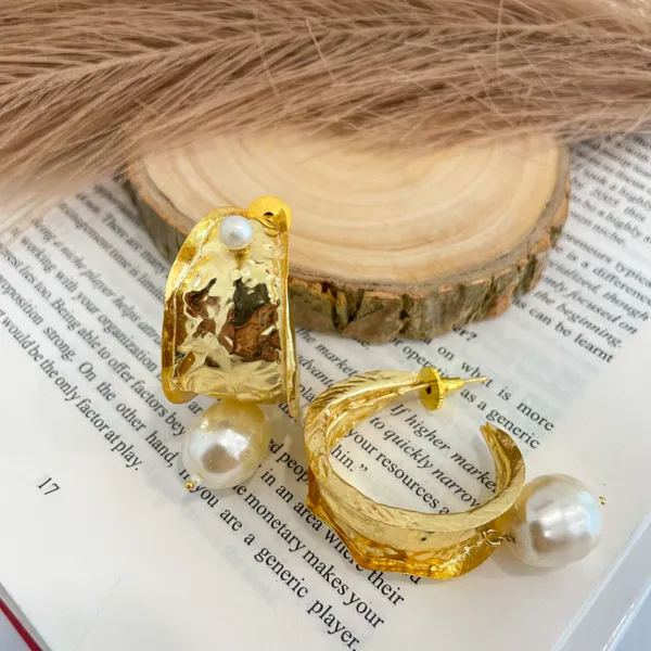 Golden_Handmade_Brass_Hammered_Pearl_Drop_Earrings_For_Women