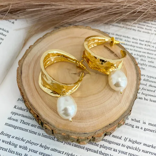 Golden_Handmade_Brass_Hammered_Pearl_Drop_Earrings_For_Women
