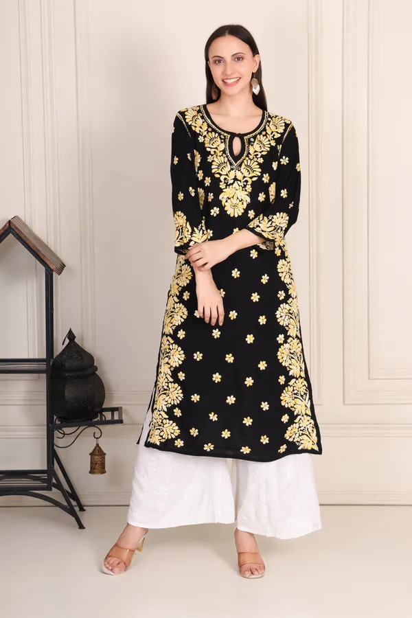 Black_With_Yellow_Tharade_Chikankari_Modal_Kurti_For_Women