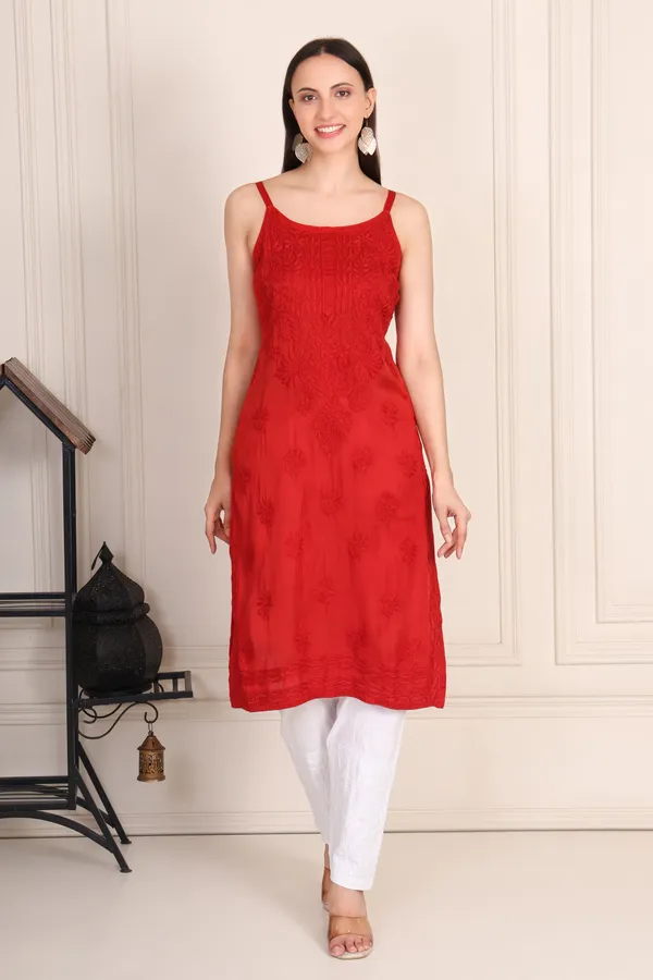 Red_Modal_Strip_Sleeve_Kurti_Ethnic_Wear_For_Women