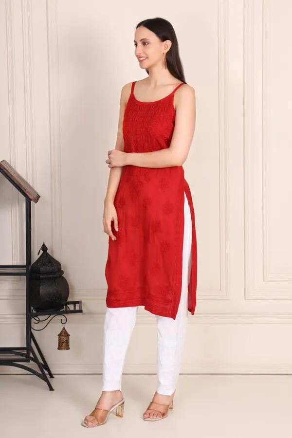 Red_Modal_Strip_Sleeve_Kurti_Ethnic_Wear_For_Women