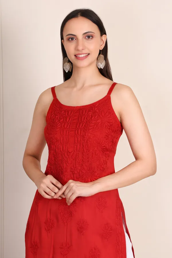 Red_Modal_Strip_Sleeve_Kurti_Ethnic_Wear_For_Women