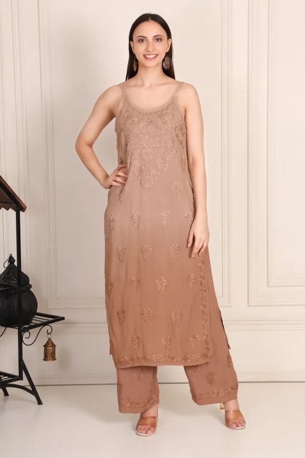 Brown_Modal_Strip_Sleeve_Kurti_With_Plazzo_For_Women