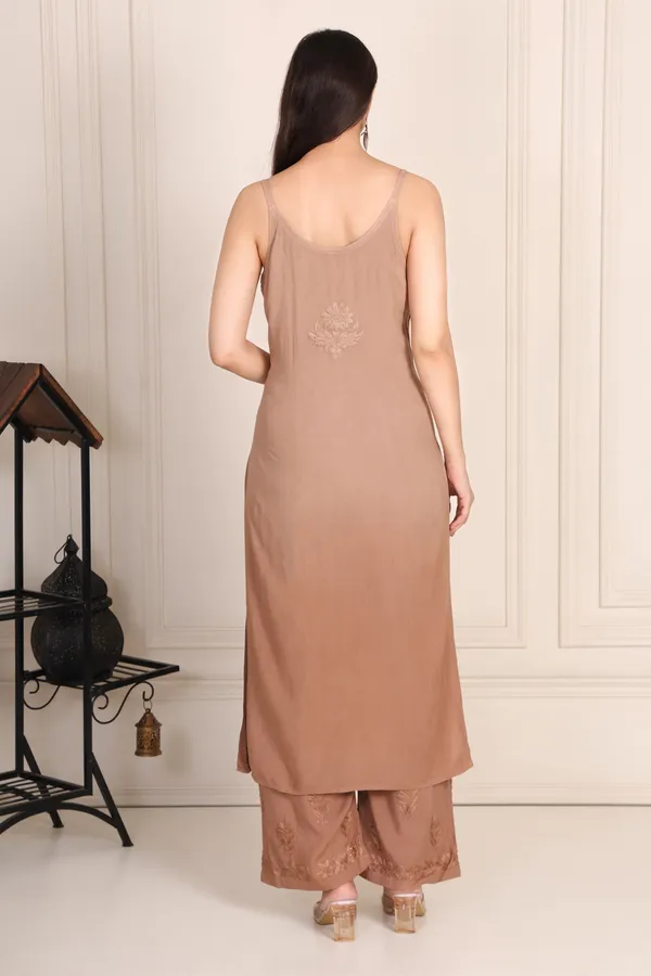 Brown_Modal_Strip_Sleeve_Kurti_With_Plazzo_For_Women