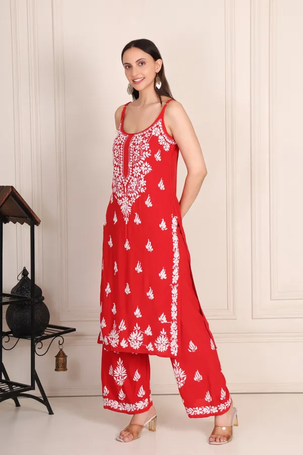 Red_Modal_Strip_Sleeve_Kurti_With_Plazzo_For_Women