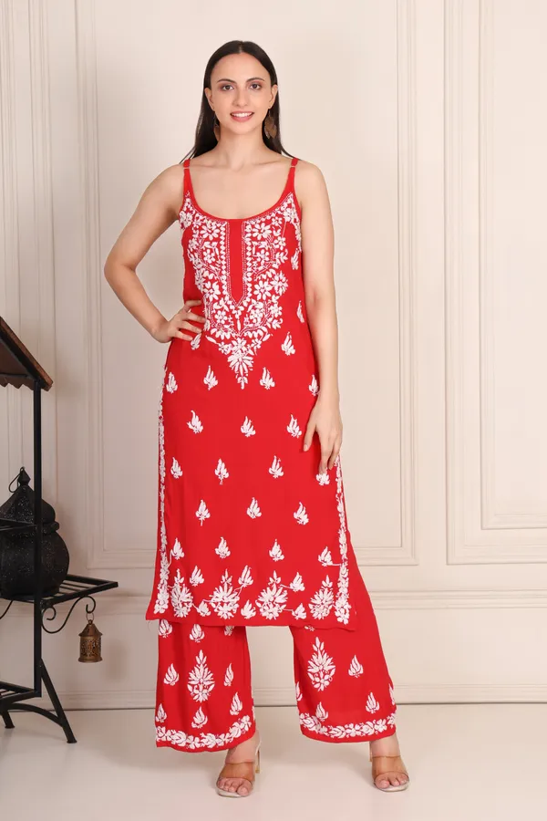 Red_Modal_Strip_Sleeve_Kurti_With_Plazzo_For_Women