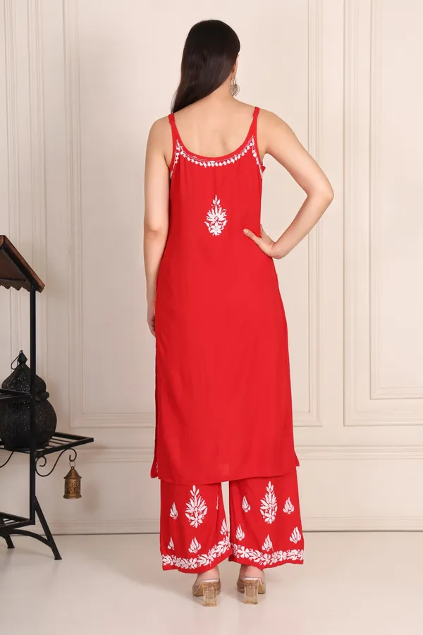 Red_Modal_Strip_Sleeve_Kurti_With_Plazzo_For_Women