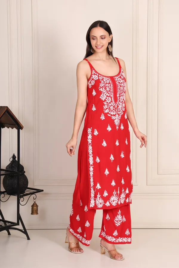 Red_Modal_Strip_Sleeve_Kurti_With_Plazzo_For_Women