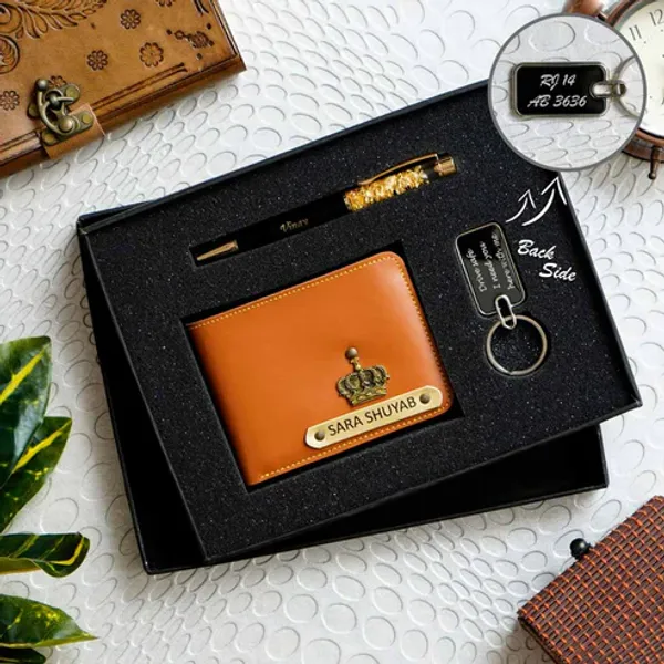 3-in-1_Tan_Leather_Men's_Personalized_Wallet_Gift_Set_(Pack_of_1_wallet,_1_Pen_and_1_Key_chain)