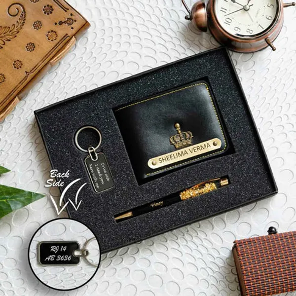 3-in-1_Blue_Leather_Men's_Personalized_Wallet_Gift_Set_(Pack_of_1_wallet,_1_Pen_and_1_Key_chain)