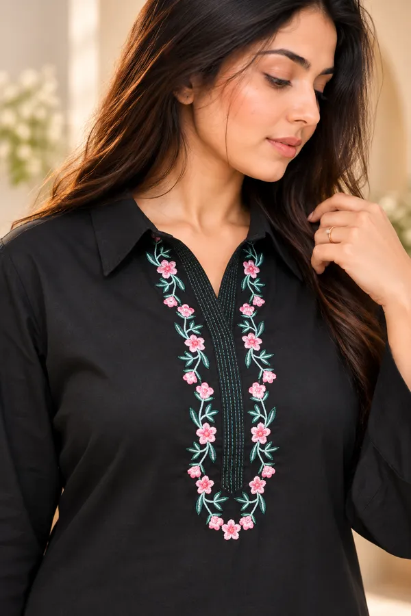 Black_Cotton_Bell_Sleeve_Kurta_Pant_Set_For_Women