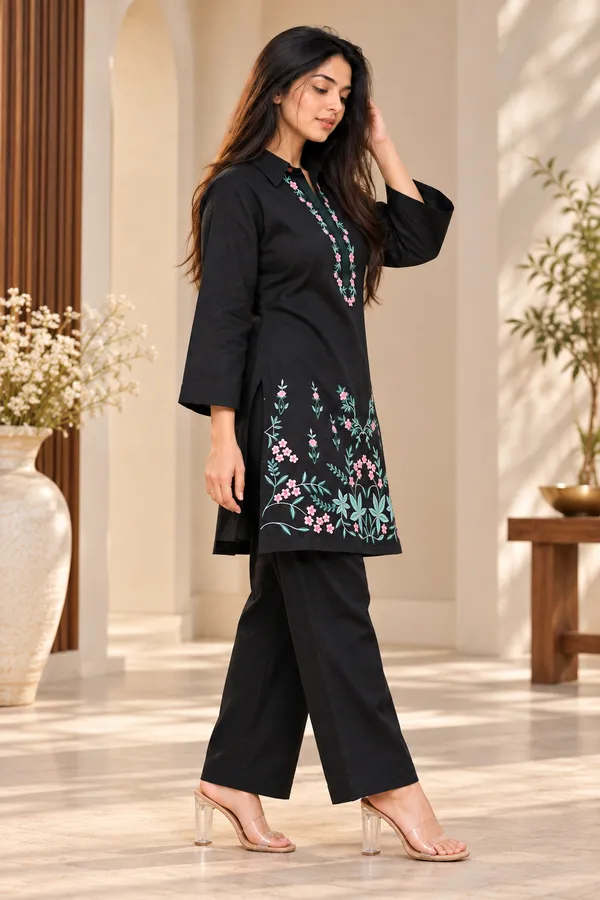 Black_Cotton_Bell_Sleeve_Kurta_Pant_Set_For_Women