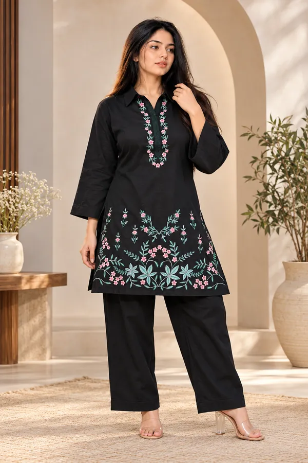 Black_Cotton_Bell_Sleeve_Kurta_Pant_Set_For_Women