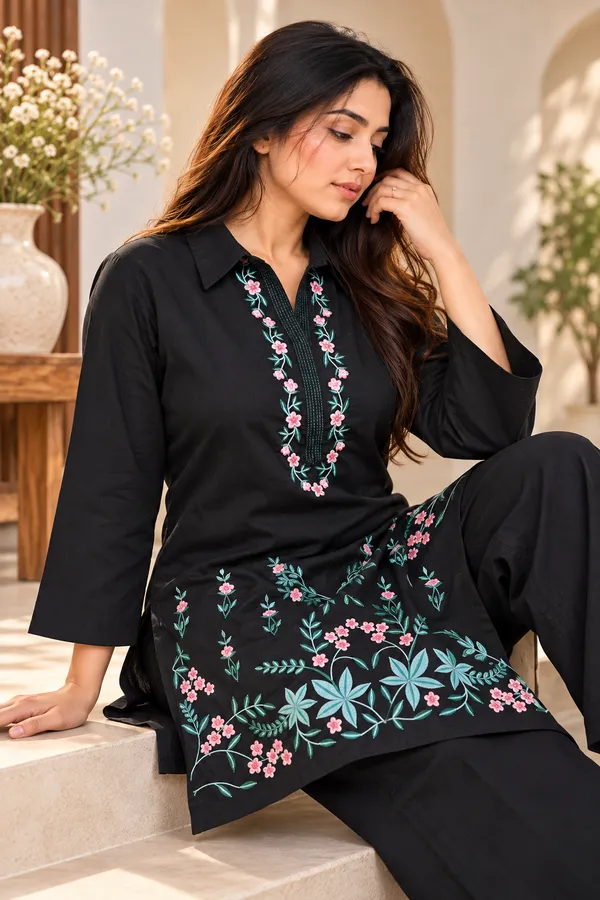 Black_Cotton_Bell_Sleeve_Kurta_Pant_Set_For_Women