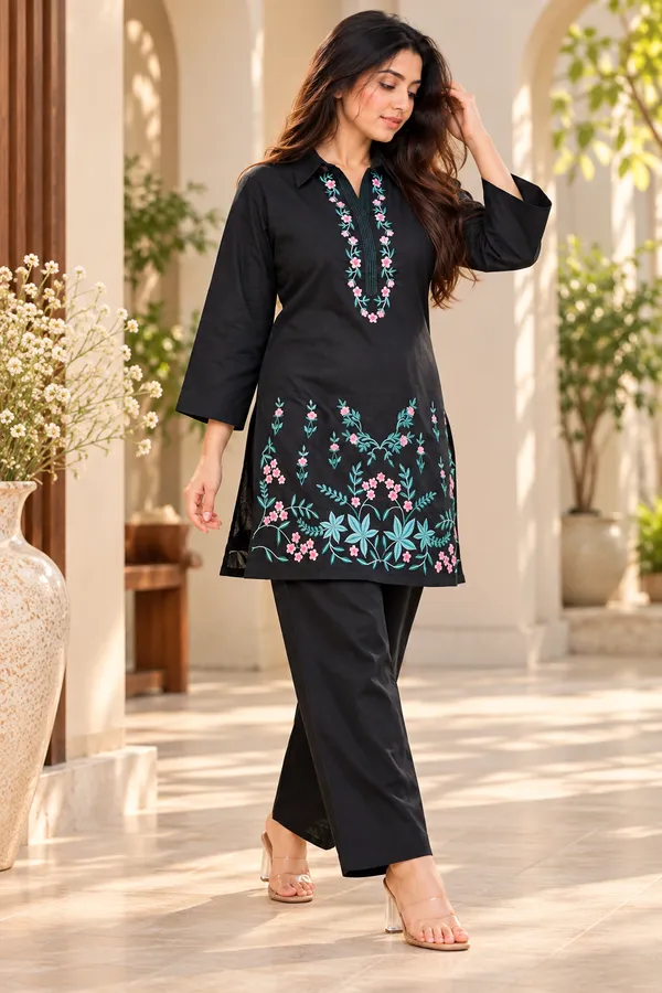 Black_Cotton_Bell_Sleeve_Kurta_Pant_Set_For_Women