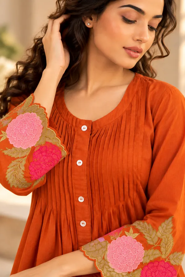 Orange_Cotton_Kurta_Pant_Set_For_Women
