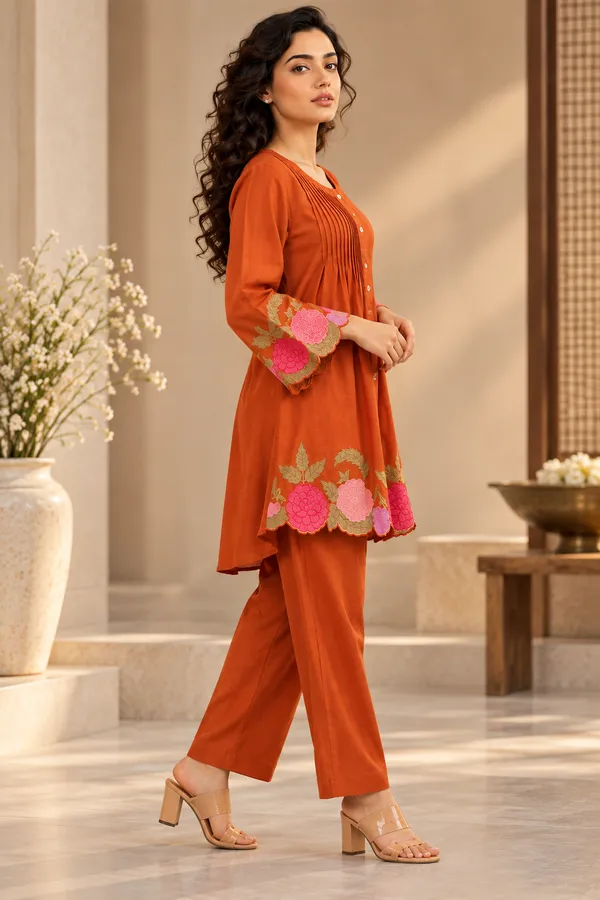 Orange_Cotton_Kurta_Pant_Set_For_Women