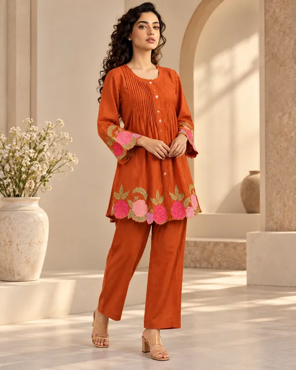 Orange_Cotton_Kurta_Pant_Set_For_Women